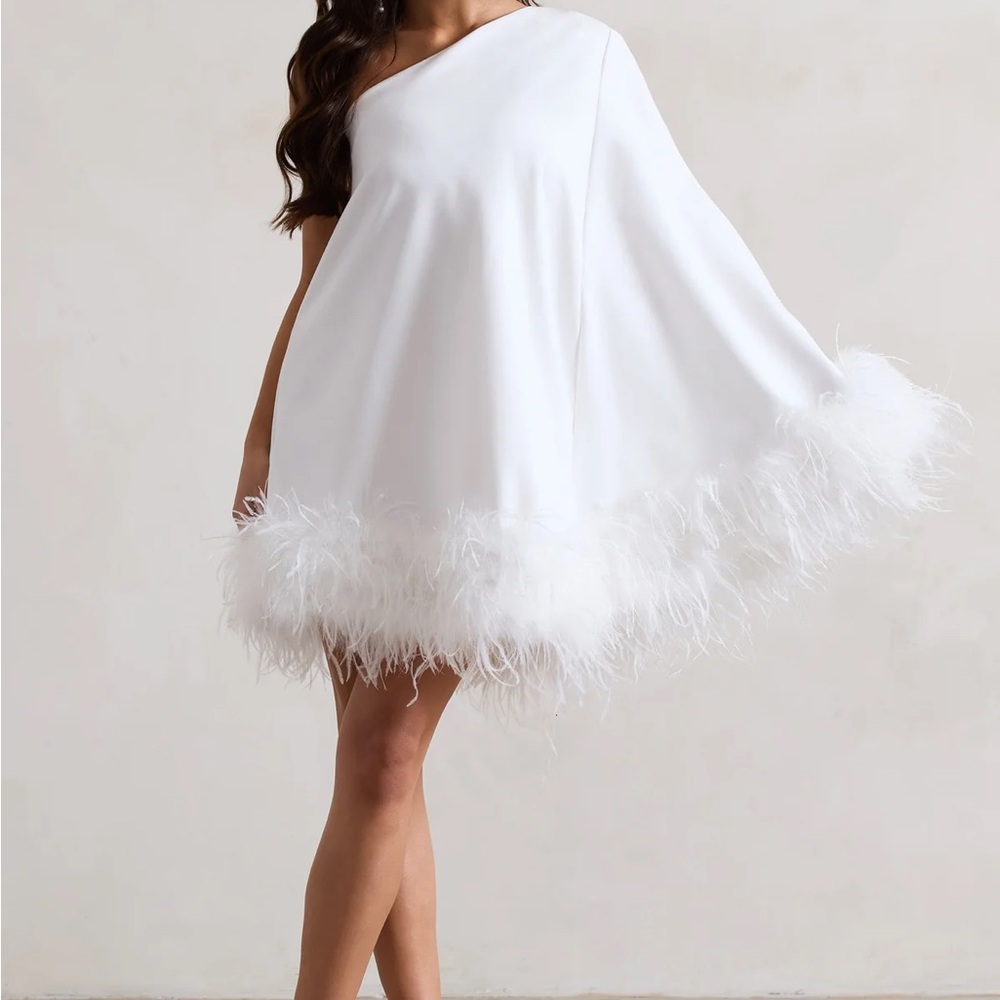 White One-Shoulder Dress W Feather Trim - Picture 6 of 6